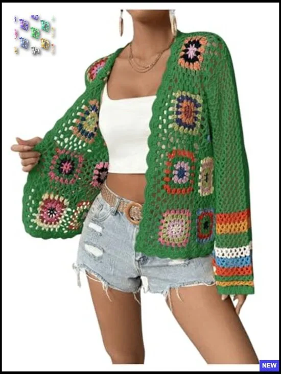 Floral Crochet Cardigan Open Front Long Sleeve Loose Boho Chic Sweater - Picture 4 of 6